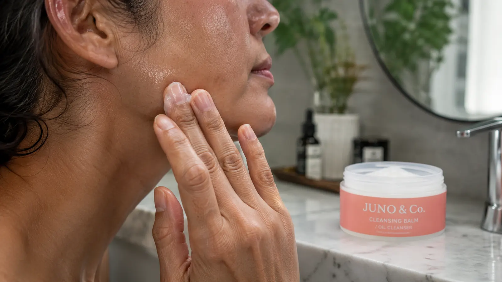 Hand scooping cleansing balm from the tin before massaging it into dry skin