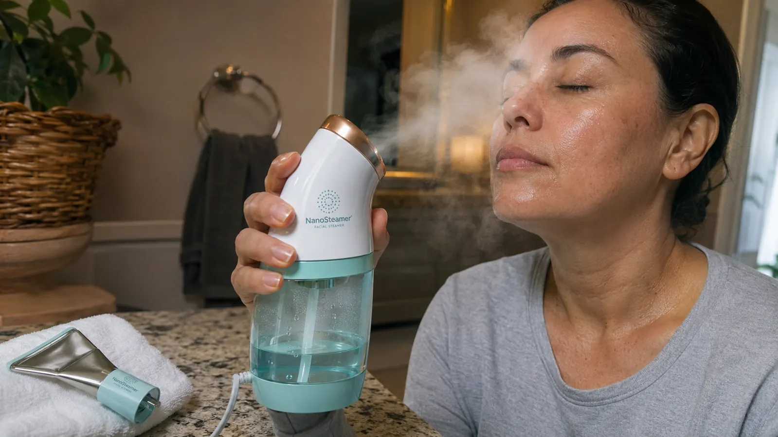 Woman leaning into the NanoSteamer's nano-ionic mist during an evening skincare routine, stainless extractor tool resting nearby