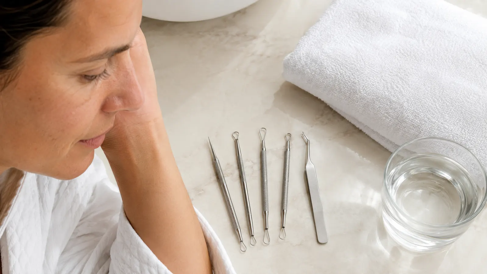 Stainless steel extractor tool kit included with the NanoSteamer laid out on a bathroom counter