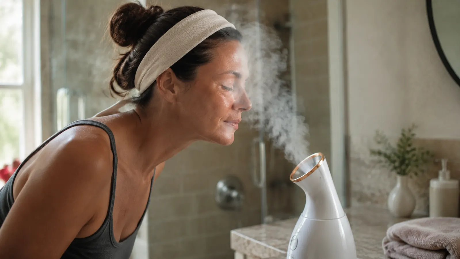 NanoSteamer facial steamer releasing warm nano-ionic mist on a bathroom counter