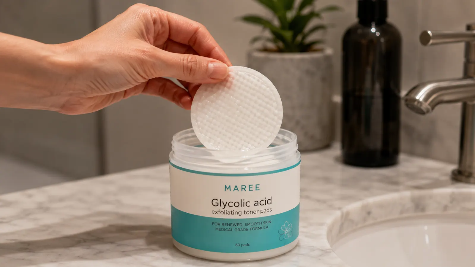 Hand holding a single MAREE glycolic acid pad above the open jar, showing the pad's texture