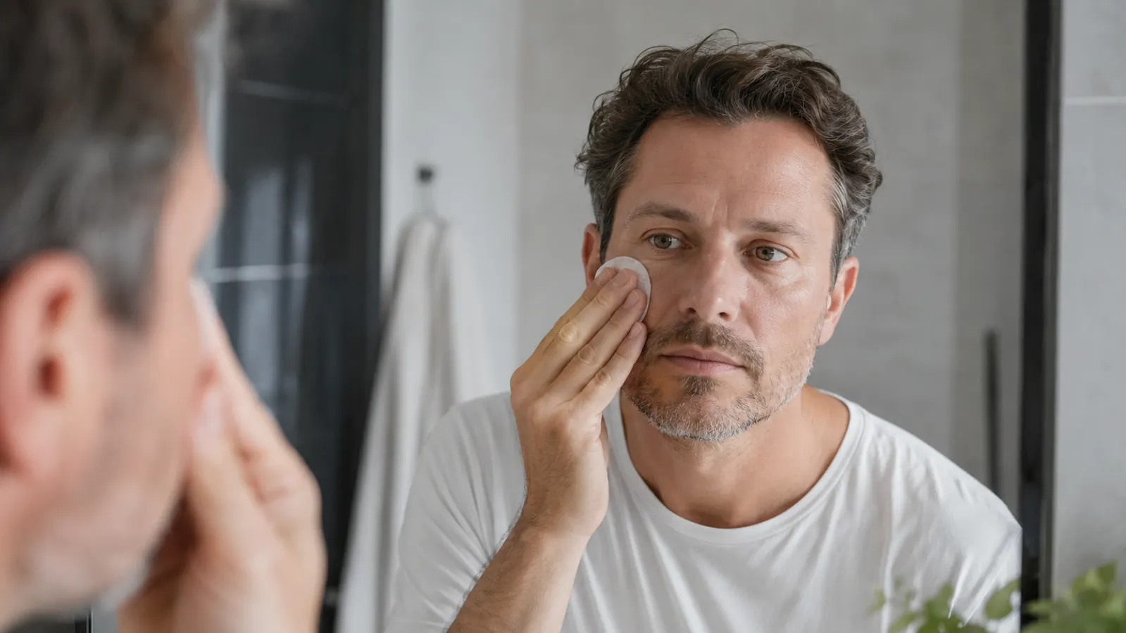 Woman swiping a glycolic acid toner pad across her cheek in soft morning bathroom light