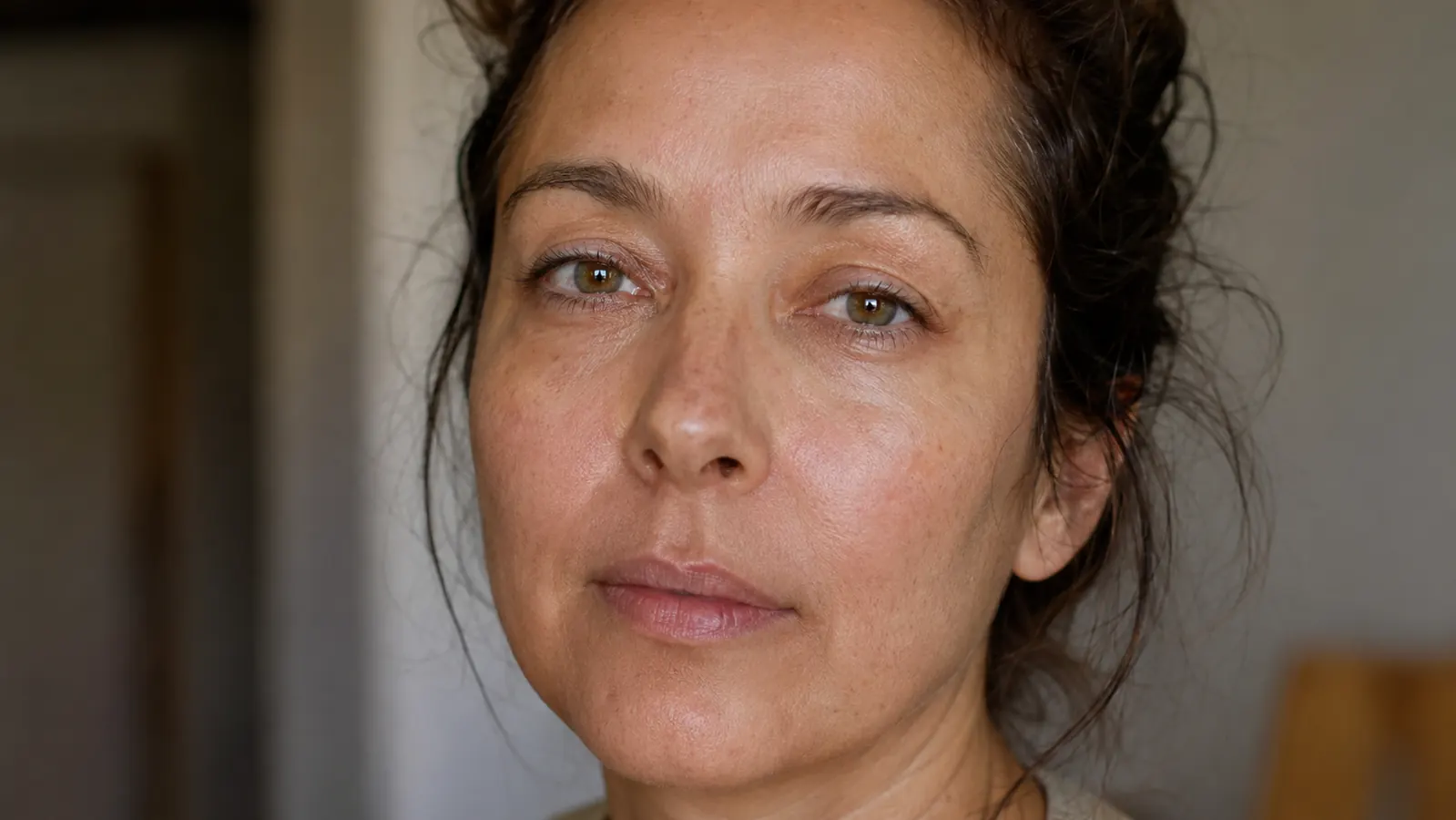 Close-up of a woman's bare, freshly cleansed face in soft evening light, no makeup, calm expression