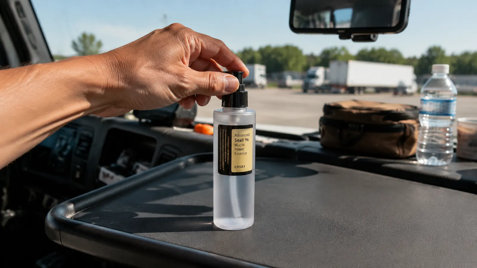 Close-up of a hand pressing the pump on a COSRX Snail Mucin bottle on the fold-down tray of a mail truck, a lunch bag and sunscreen nearby