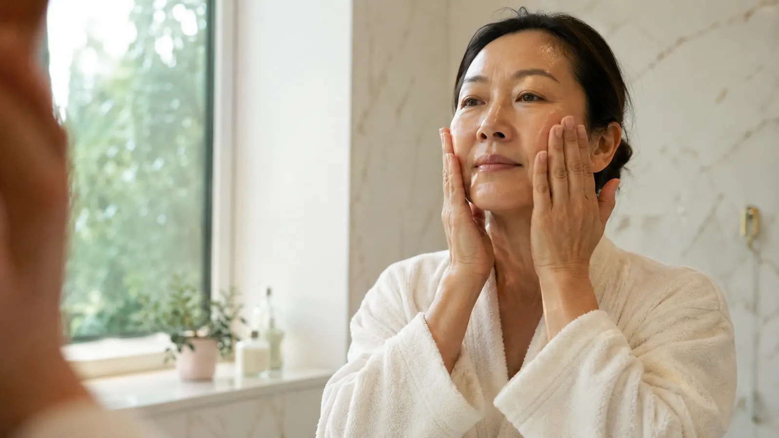 Woman patting a hydrating essence into her cheek in soft morning light at a bathroom mirror