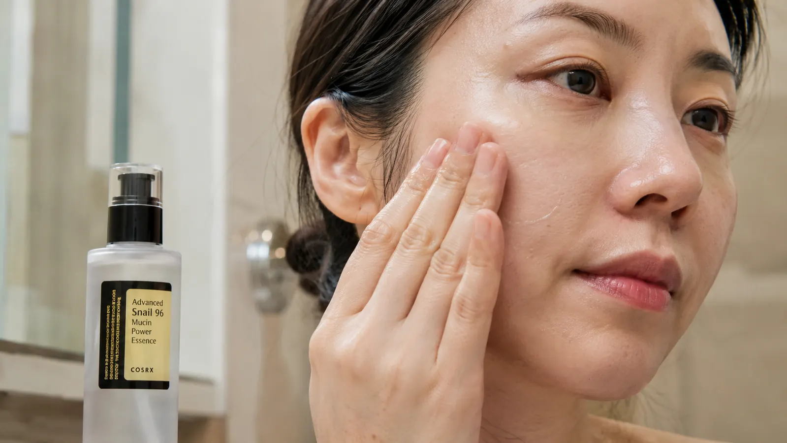Hand patting COSRX snail mucin essence into cheek skin with fingertips