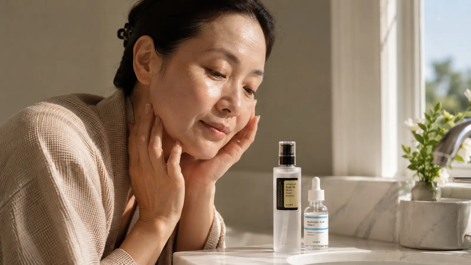 COSRX Snail Mucin 96% Repairing Serum bottle next to a standard hyaluronic acid serum dropper bottle on a bathroom counter
