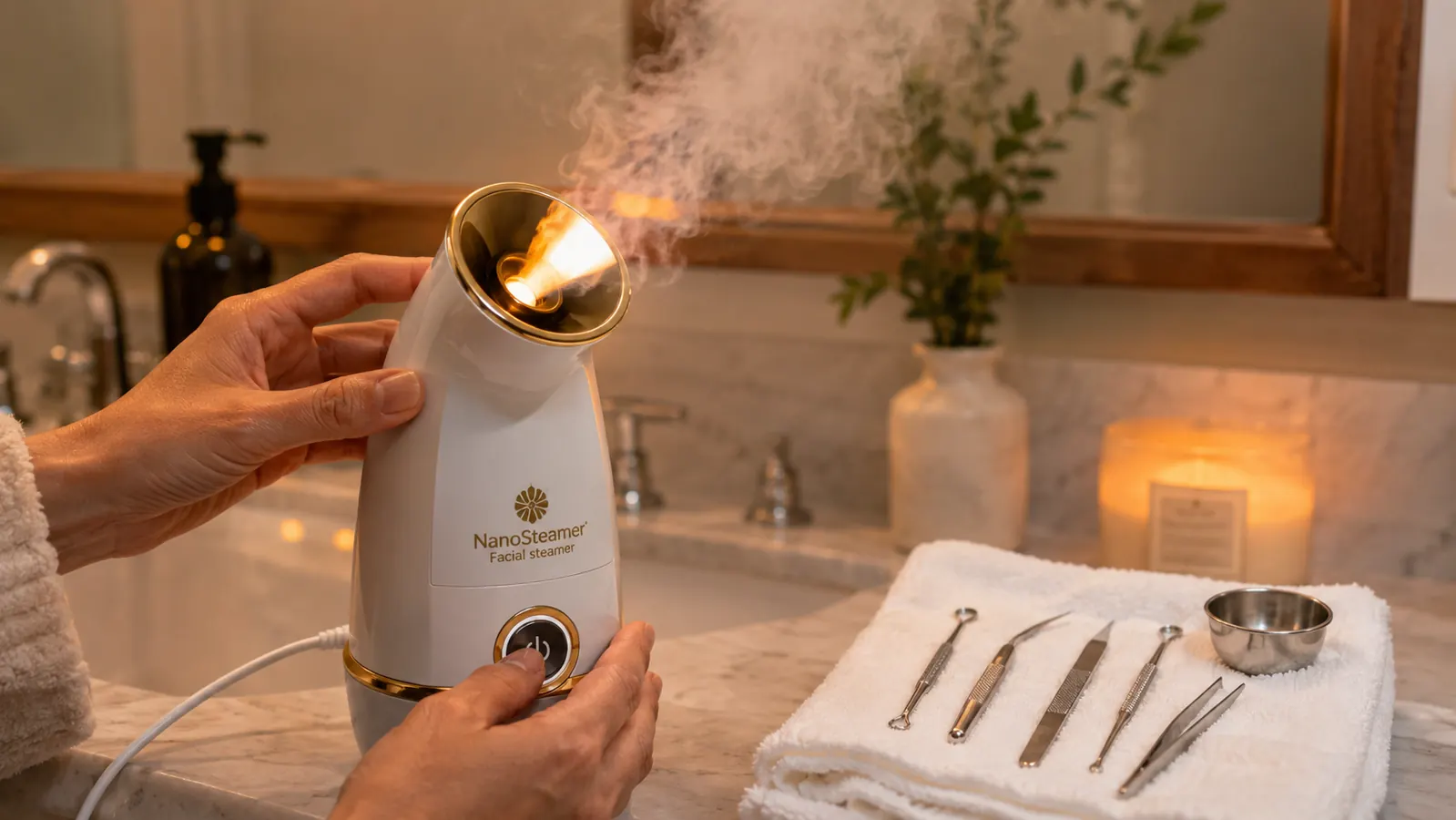 Hands adjusting the nozzle on a NanoSteamer facial steamer with visible steam and a stainless steel skin tool kit beside it