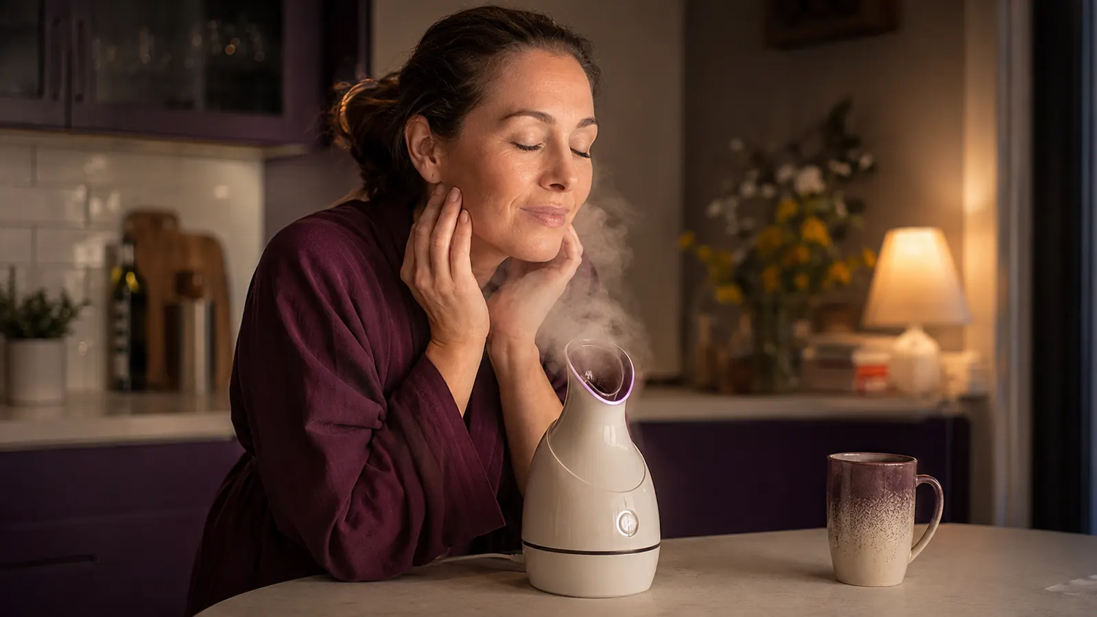 Woman in a cozy kitchen at night with a facial steamer on the counter, soft steam rising past warm lamp light