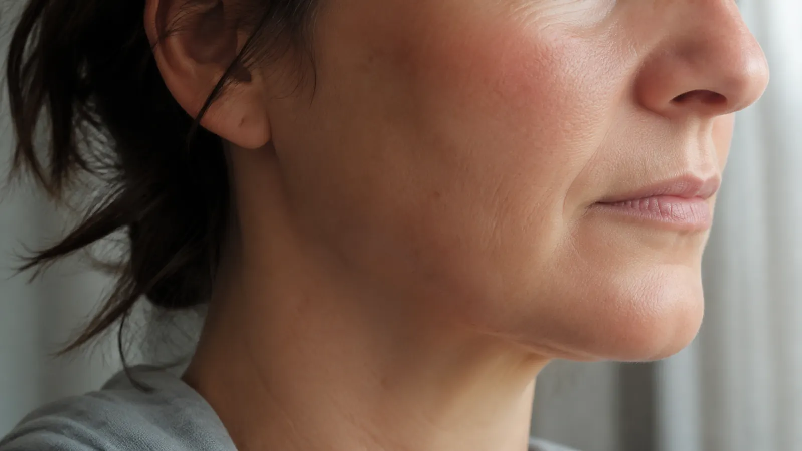 Close-up of smoother, more even skin texture on a jawline after two weeks of nightly glycolic pads