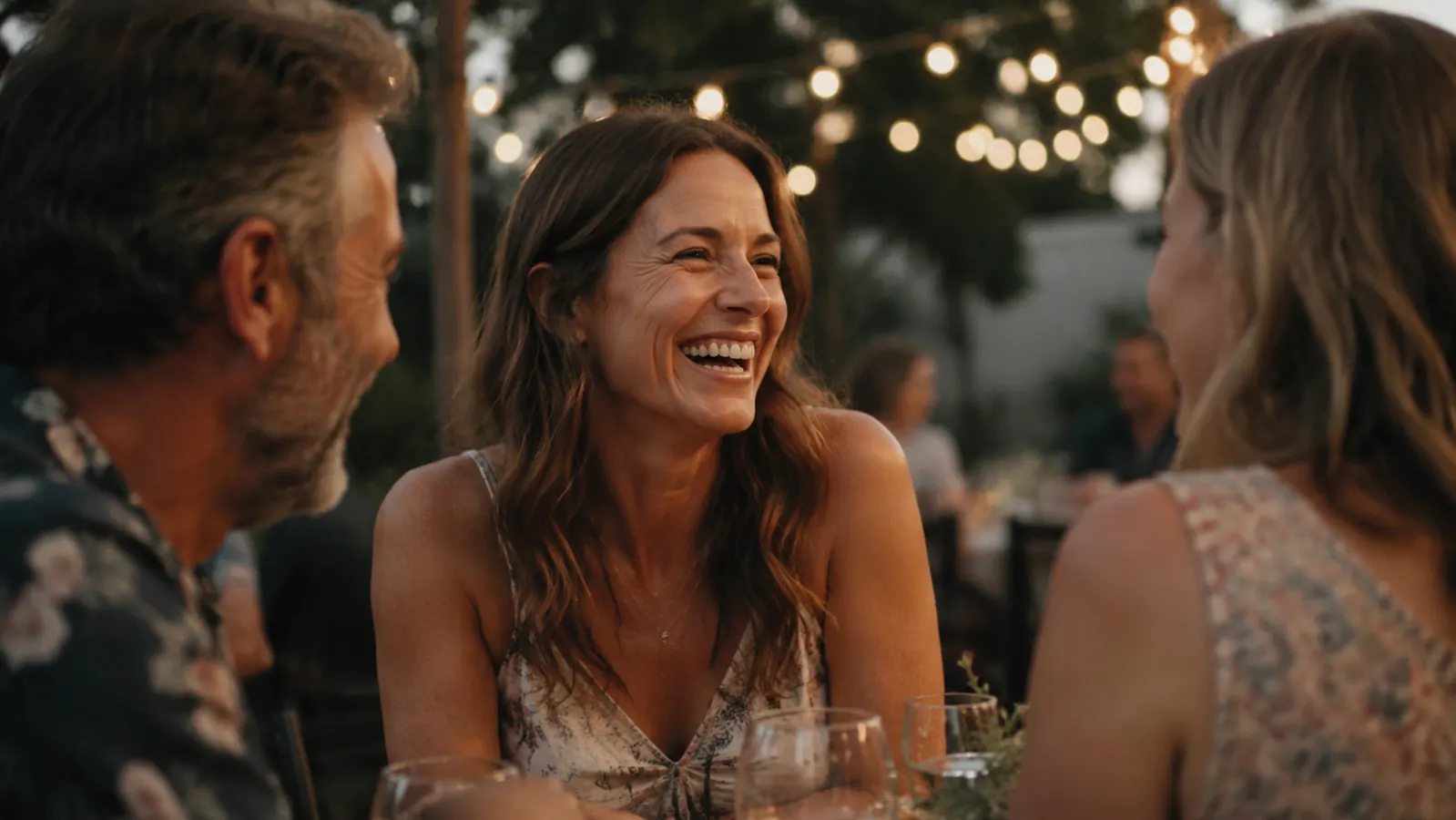 Woman laughing with old friends at an outdoor reunion under string lights, glowing complexion