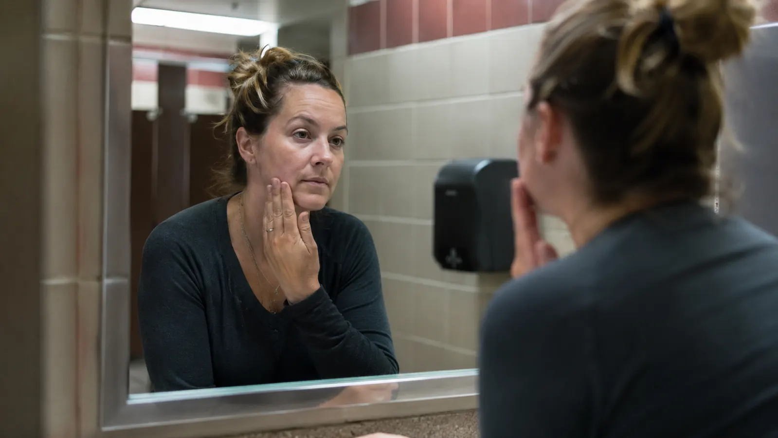 Woman checking her reflection in a truck stop bathroom mirror, early morning light, tired complexion