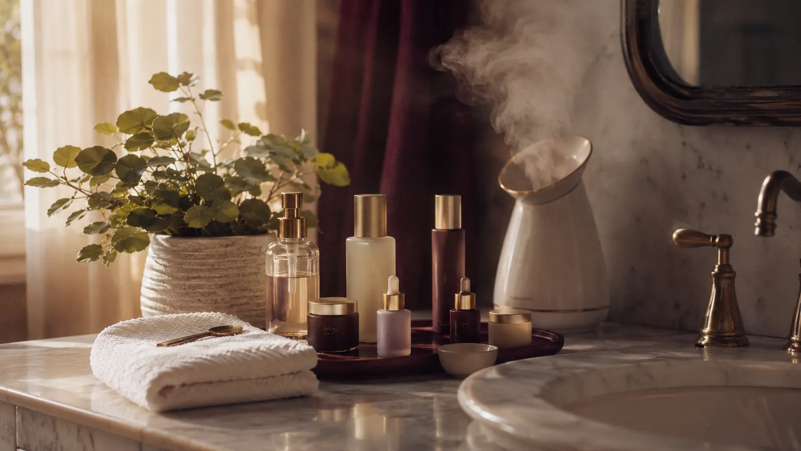 A bright bathroom counter with everyday skincare products arranged in warm morning light