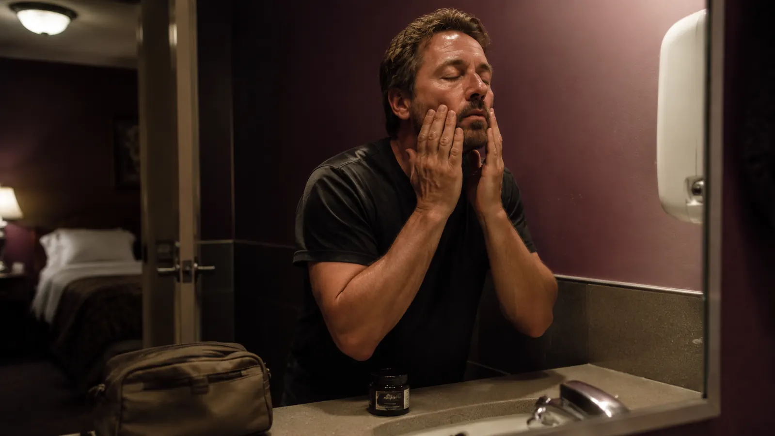 Man massaging a cleansing balm into dry skin at a truck stop bathroom sink under warm evening light