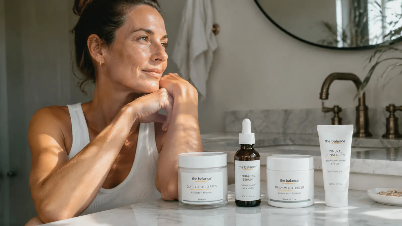 Skincare products lined up on a bathroom counter with a jar of glycolic acid pads and mineral sunscreen