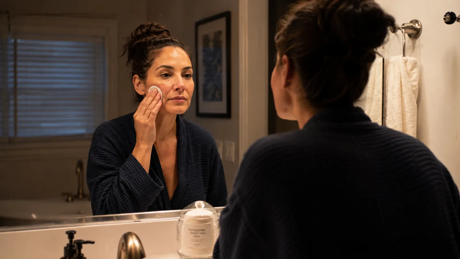 Woman swiping a glycolic acid pad across her cheek in a bathroom mirror at night