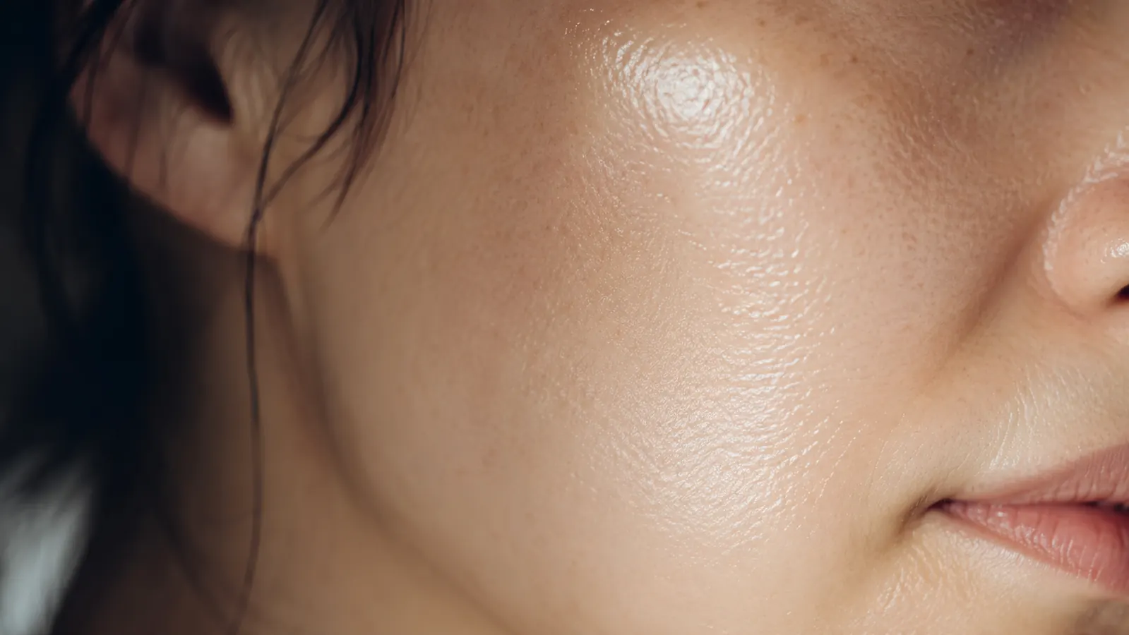 Close-up of dewy, glass-like glowing skin on a cheek and jawline in soft window light