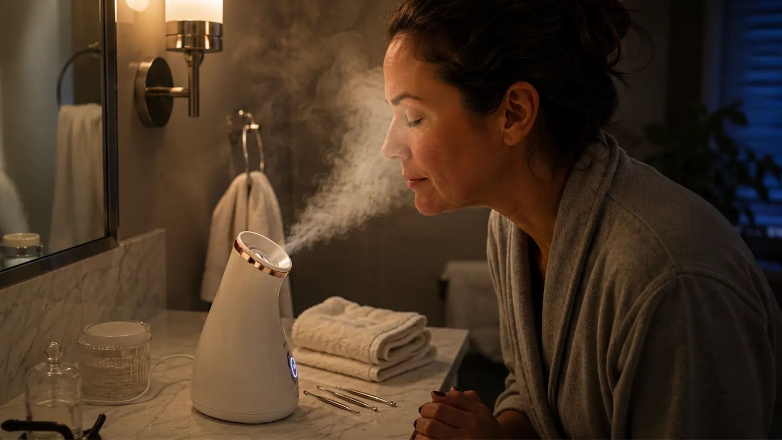 Warm mist rising from a facial steamer on a bathroom counter at night, towel draped nearby