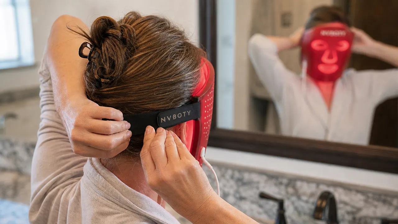 Close-up of hands securing the NVBOTY red light therapy mask straps before a session