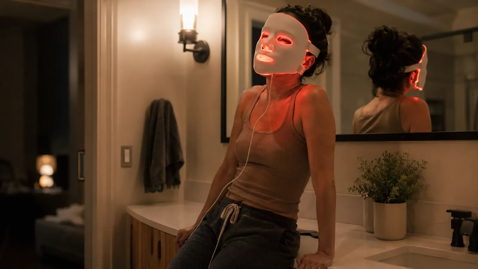 Woman applying red light therapy mask in a home bathroom in the evening, calm routine setting
