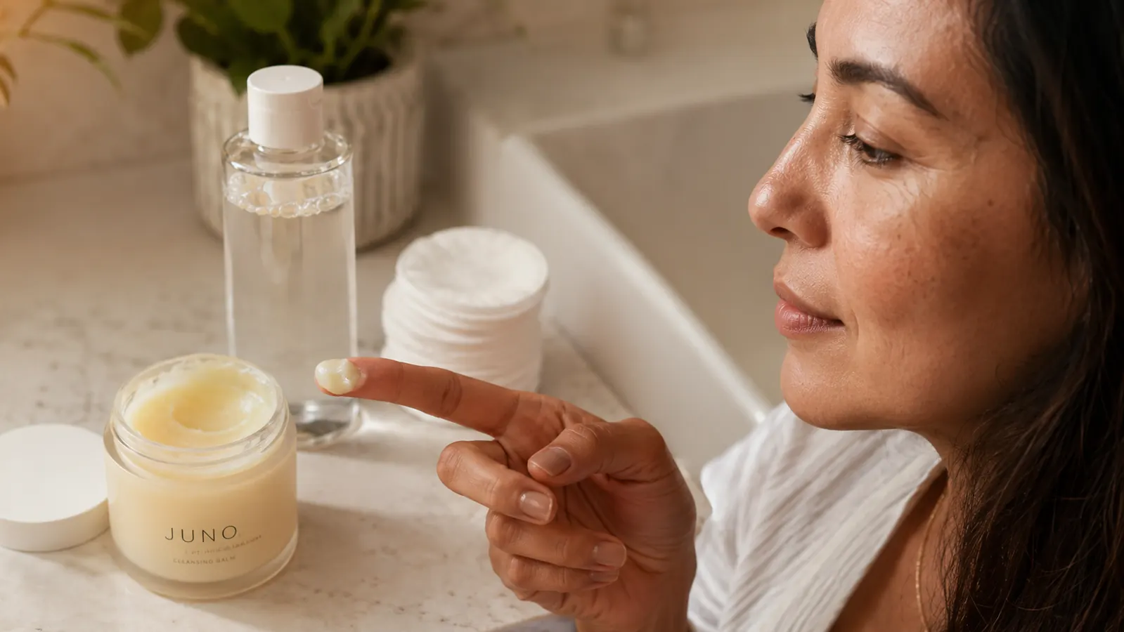 An open jar of JUNO Clean 10 cleansing balm next to a bottle of micellar water and cotton pads on a bathroom counter