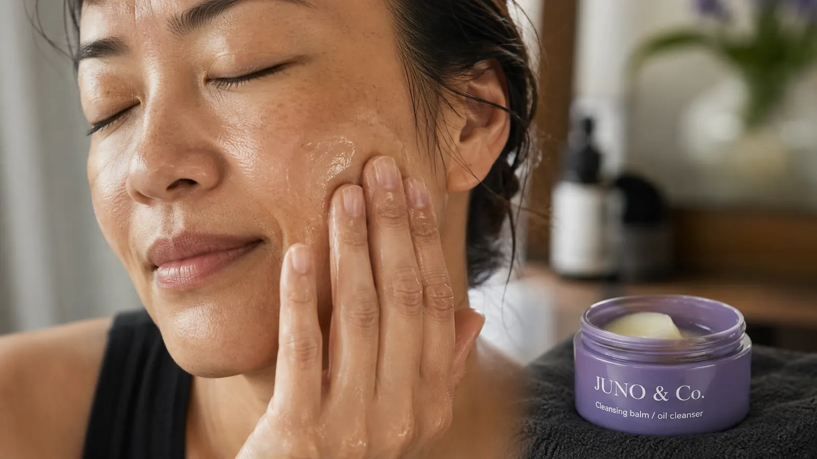Close-up of a hand scooping cleansing balm from an open jar and massaging it into the skin, the balm melting from solid to an oil-like texture