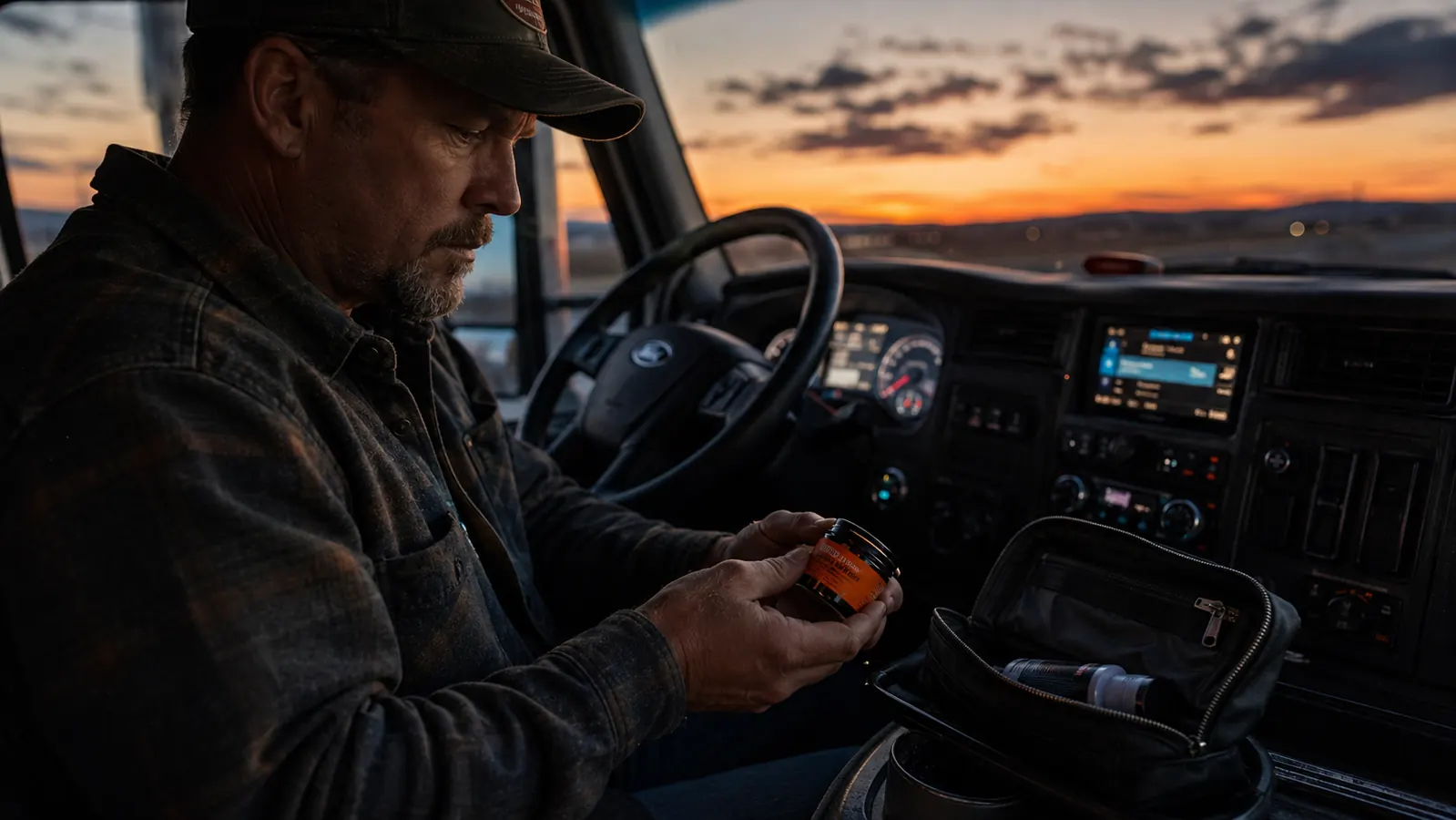 Dashboard-level view inside a semi truck cab at dusk, a small toiletry bag with a cleansing balm jar tucked into the console