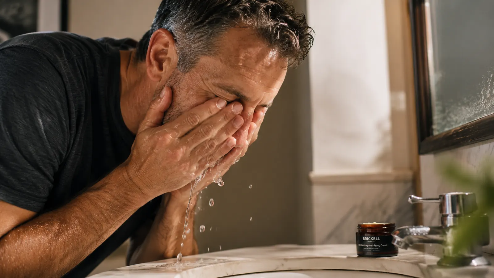 Person washing their face at a bathroom sink in soft early morning light, a small amber cleansing balm jar sitting on the counter edge