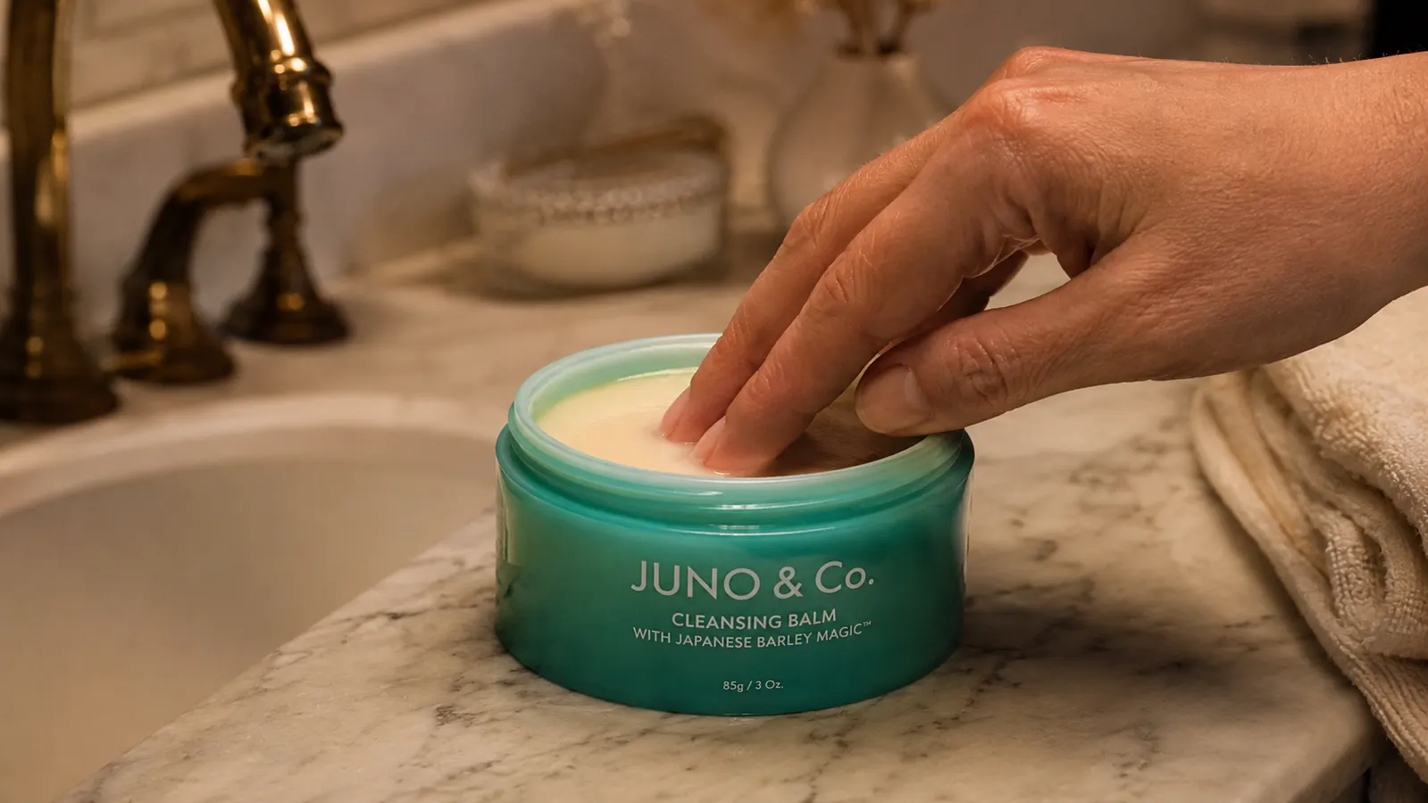 Close-up of a hand scooping JUNO Clean 10 Cleansing Balm from its jar with the product visible on a bathroom counter