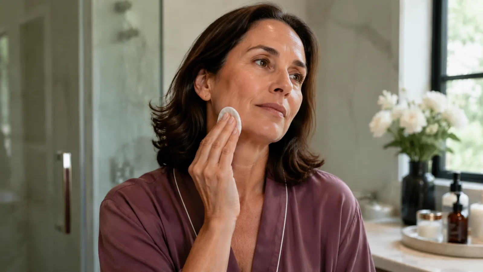 Woman at a bathroom sink in soft morning light, holding a glycolic acid toner pad up to her cheek