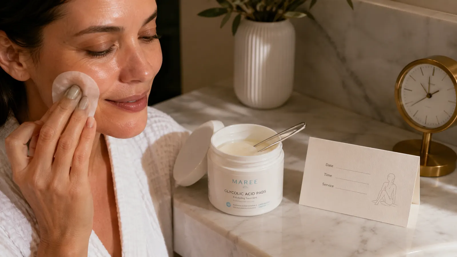 A jar of MAREE glycolic acid pads sitting on a bathroom counter next to a printed appointment card for an in-office chemical peel