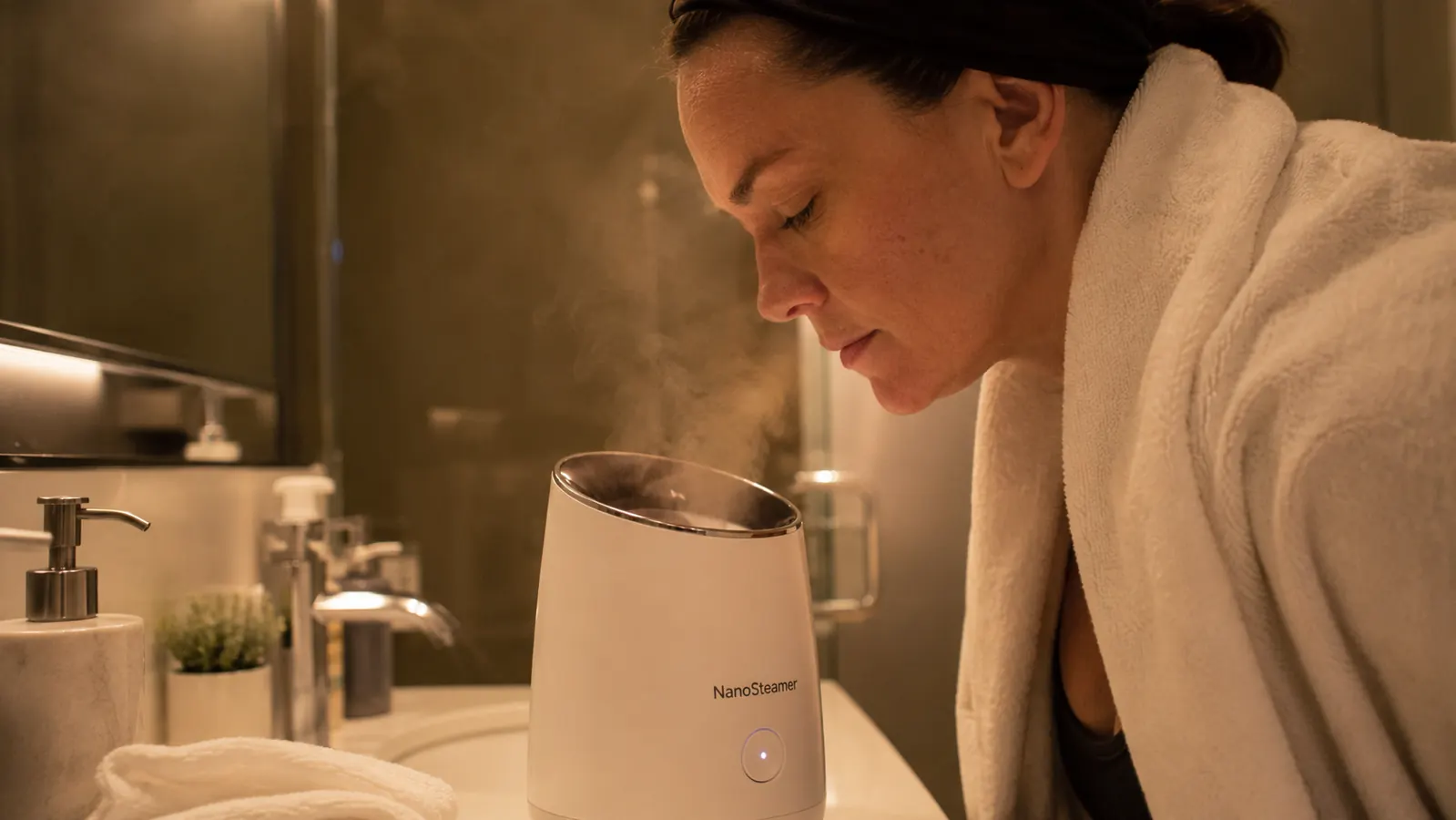 Woman sitting at a bathroom counter with a warm mist rising from a facial steamer in front of her face