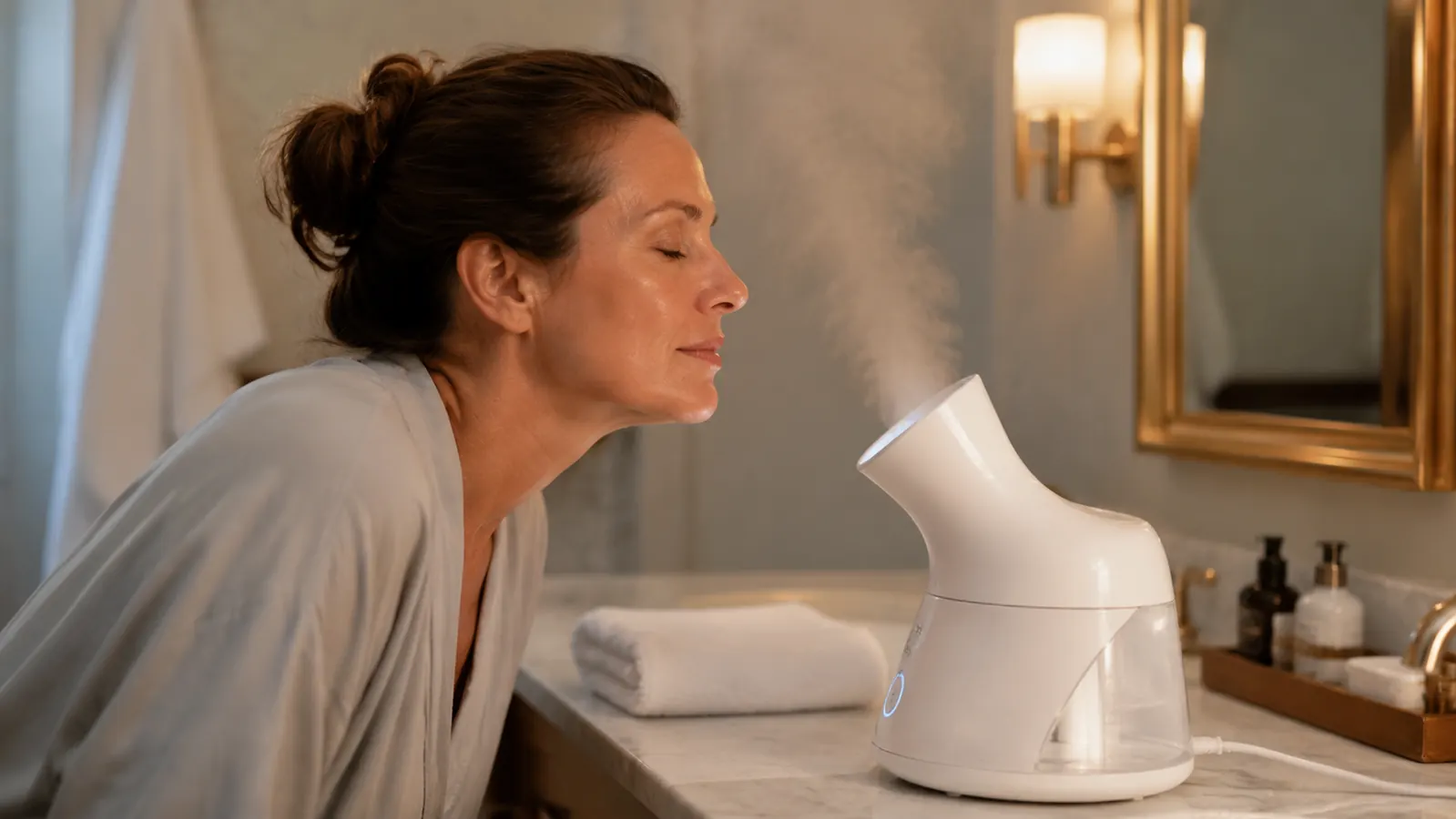 NanoSteamer facial steamer releasing warm mist on a bathroom counter next to a folded white towel