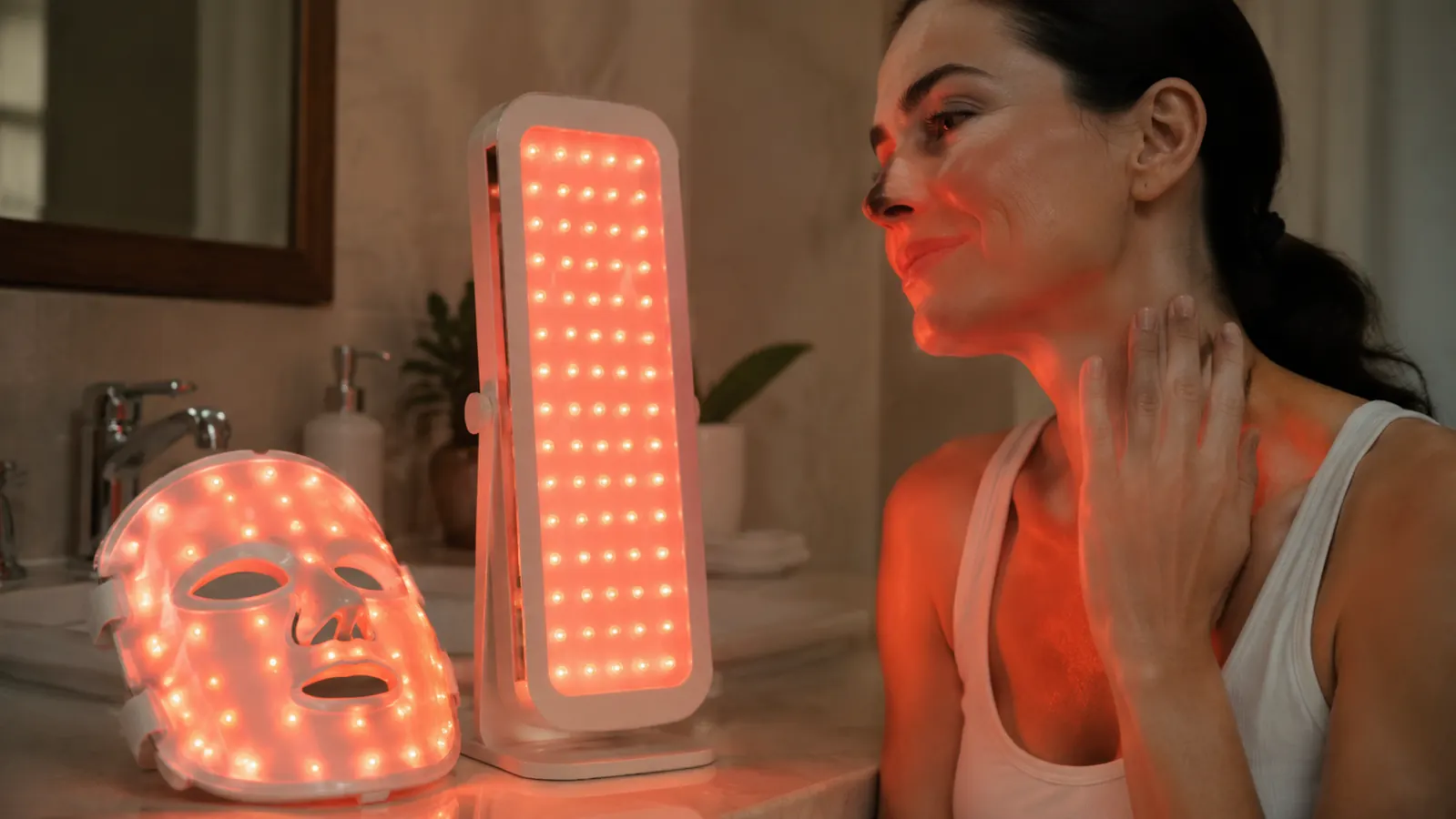 NVBOTY red light therapy mask sitting next to a tall standalone LED light panel on a bathroom counter
