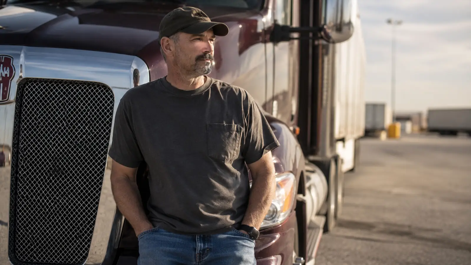 Man with clearer jawline skin leaning against his truck in daylight, arms crossed, calm expression