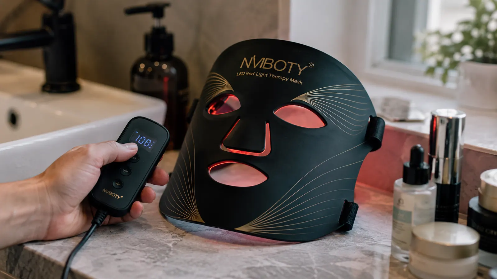 Close-up of a hand holding the NVBOTY red light mask remote control while the mask sits ready on a bathroom counter