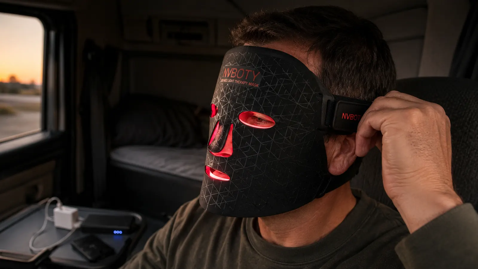 Hand adjusting the strap on the NVBOTY red light mask before a session in a truck sleeper cab
