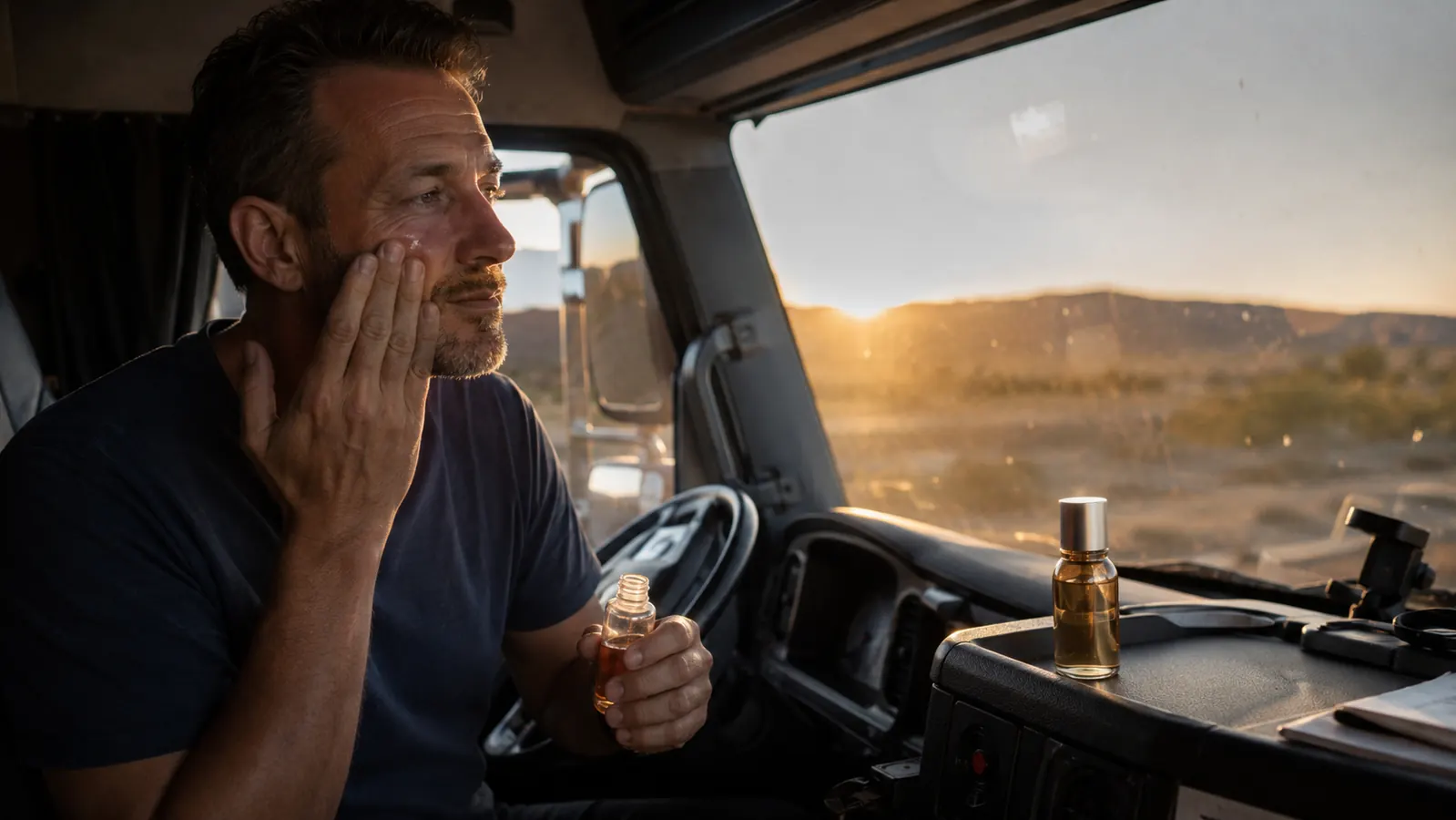 A small bottle of COSRX Snail Mucin 96% Essence sitting on a truck dashboard with early morning light coming through the windshield